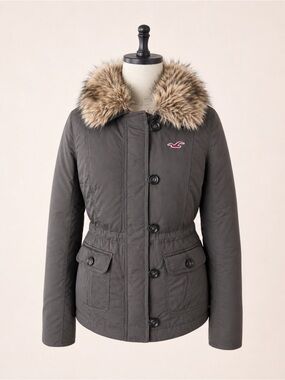 Hollister Women's Dark Gray Puffer Jacket with Faux Fur Trim